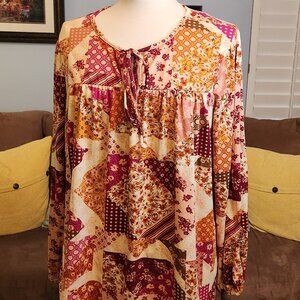 Burgundy Cream Patchwork Pattern Baby Doll Style Blouse Haptics By Holly Harper